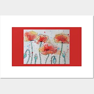 Red Poppies Watercolor and Ink Painting Posters and Art